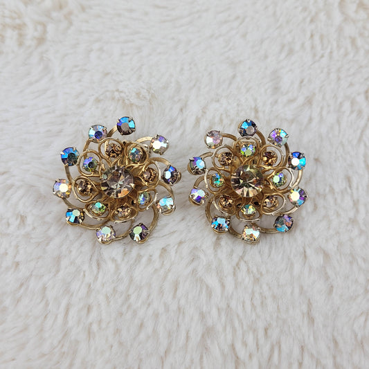 1950's Aurora Borealis Rhinestone Circle Clip Earrings