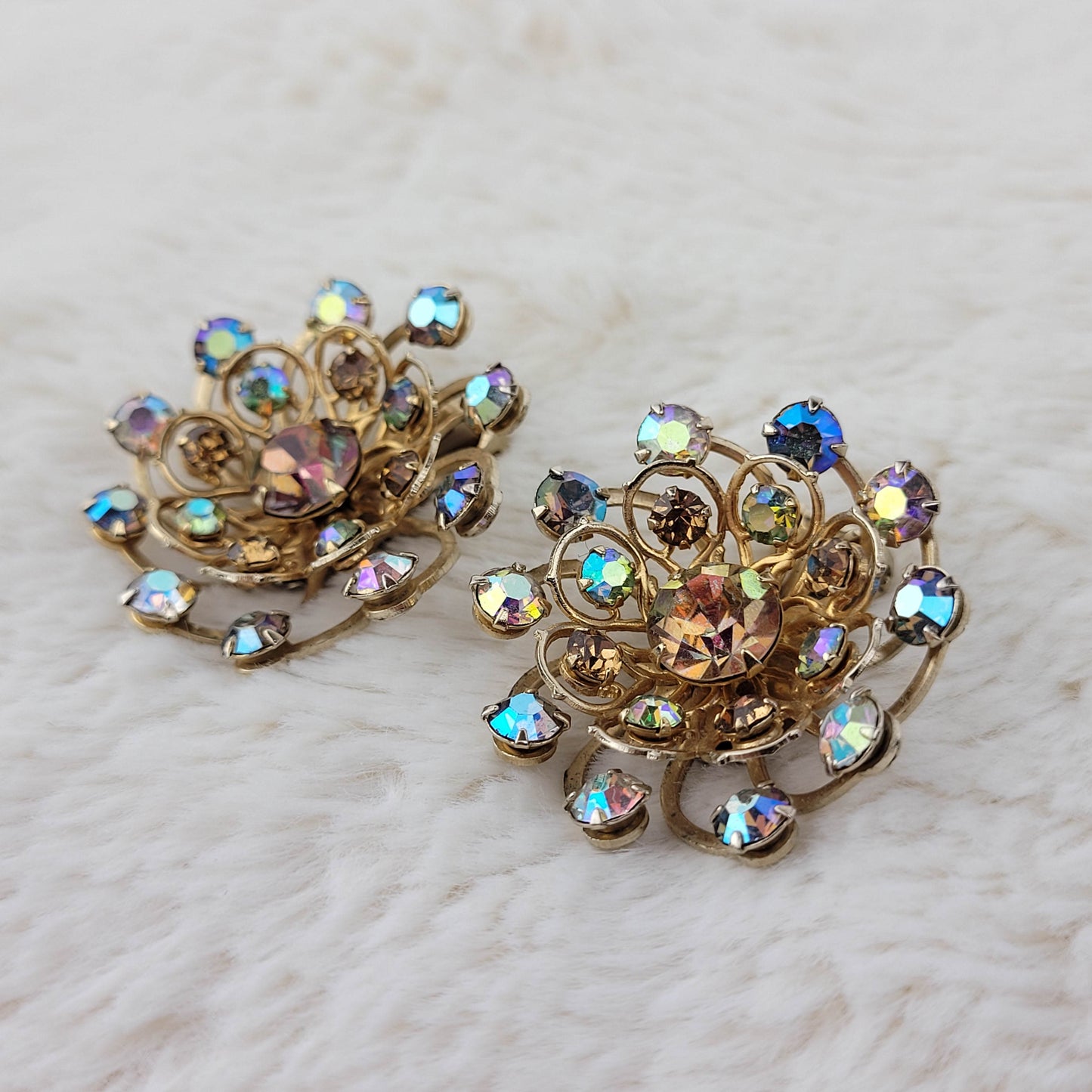 1950's Aurora Borealis Rhinestone Circle Clip Earrings