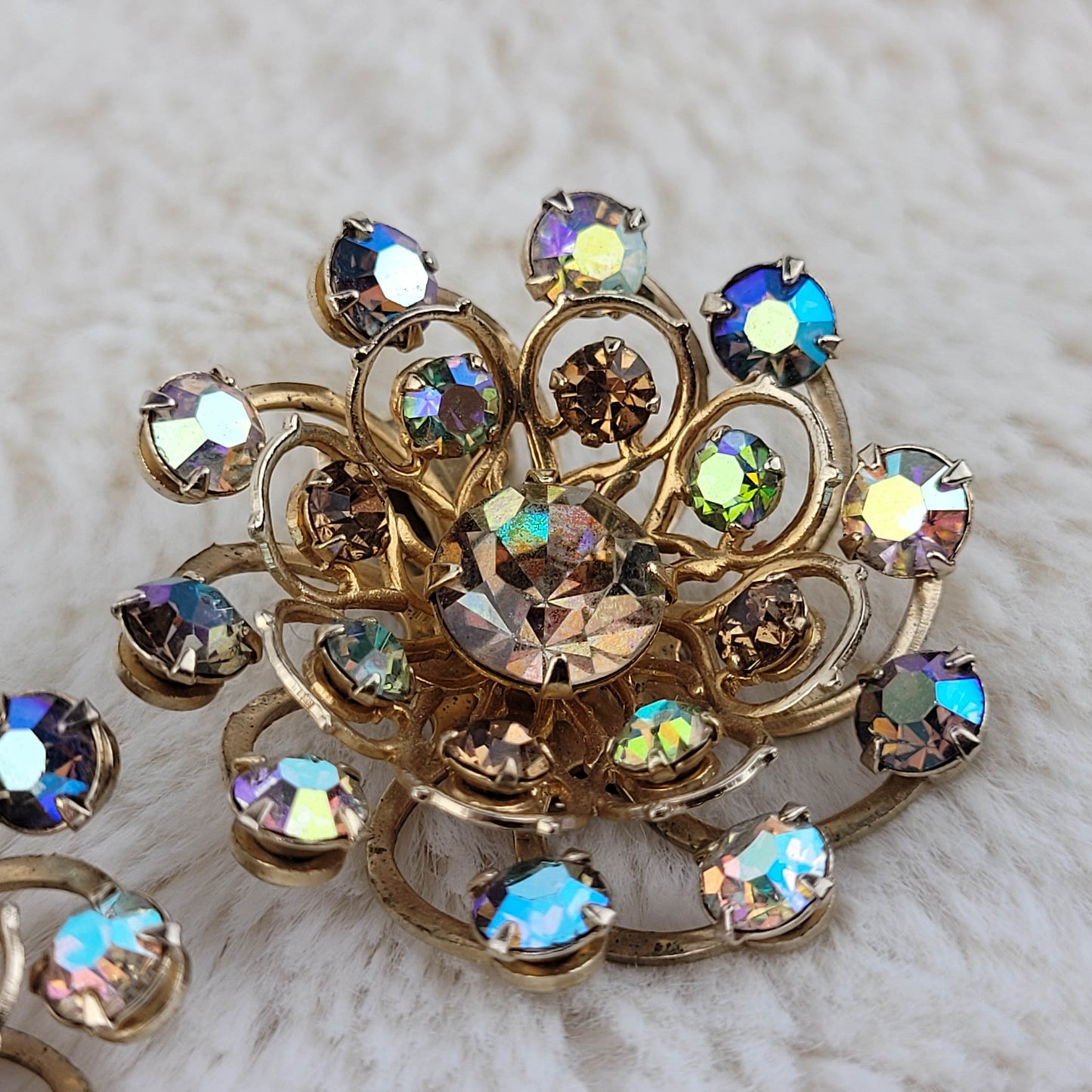 1950's Aurora Borealis Rhinestone Circle Clip Earrings