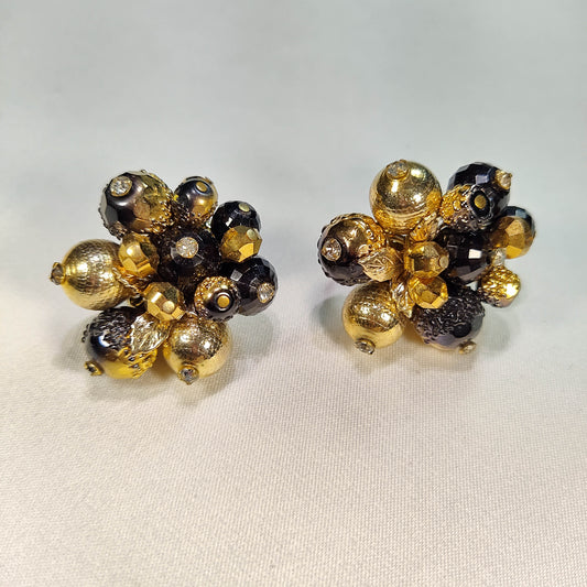 1960's Gold and Black Bead Cluster Clip Earrings by Vendome