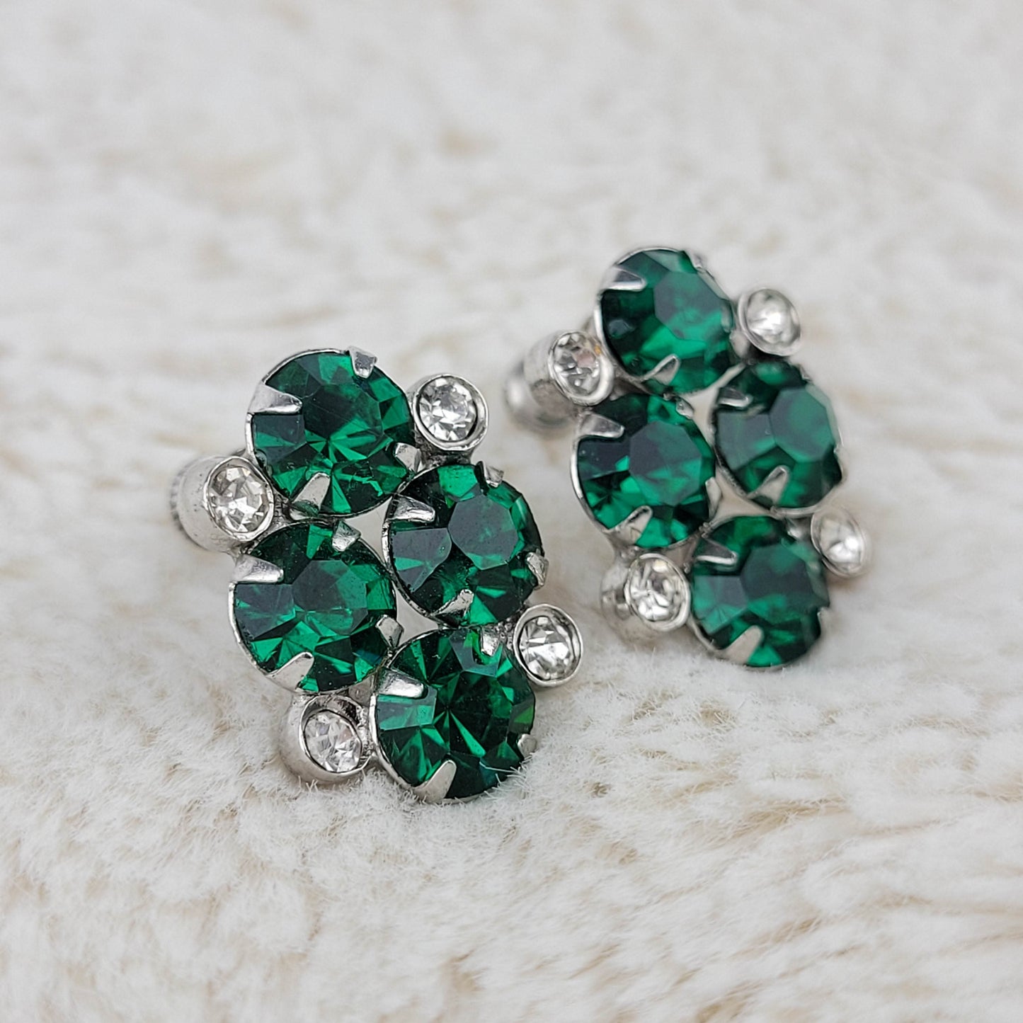 1940's Green Rhinestone Cluster Screwback Earrings