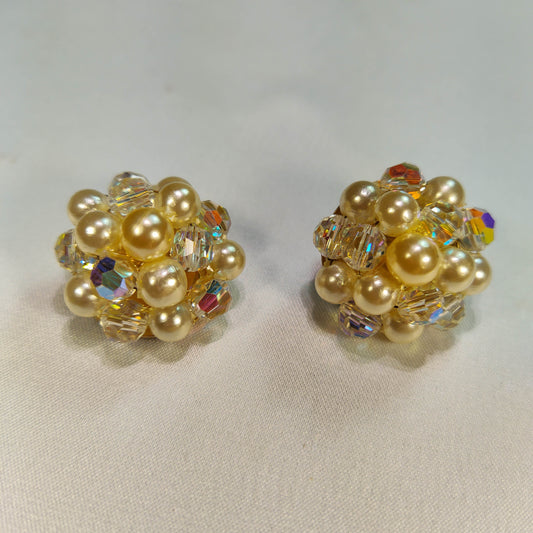 1950's Pearl and Aurora Borealis Crystal Cluster Clip Earrings by Lisner