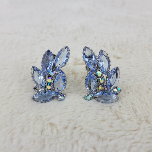 1950's Ice Blue and Aurora Borealis Rhinestone Clip Earrings