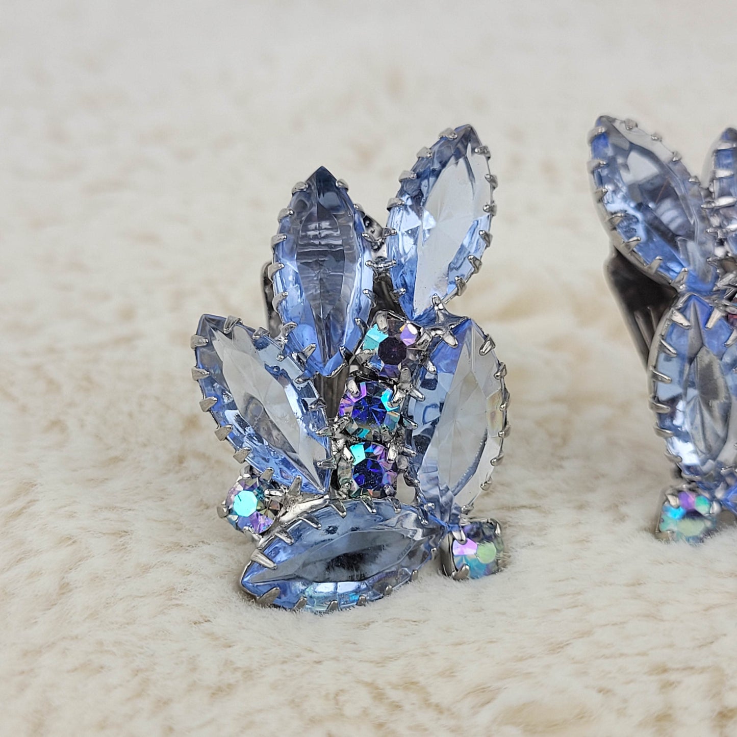 1950's Ice Blue and Aurora Borealis Rhinestone Clip Earrings