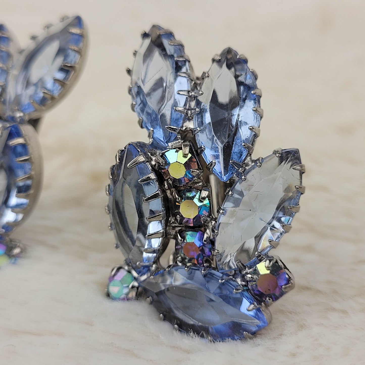 1950's Ice Blue and Aurora Borealis Rhinestone Clip Earrings