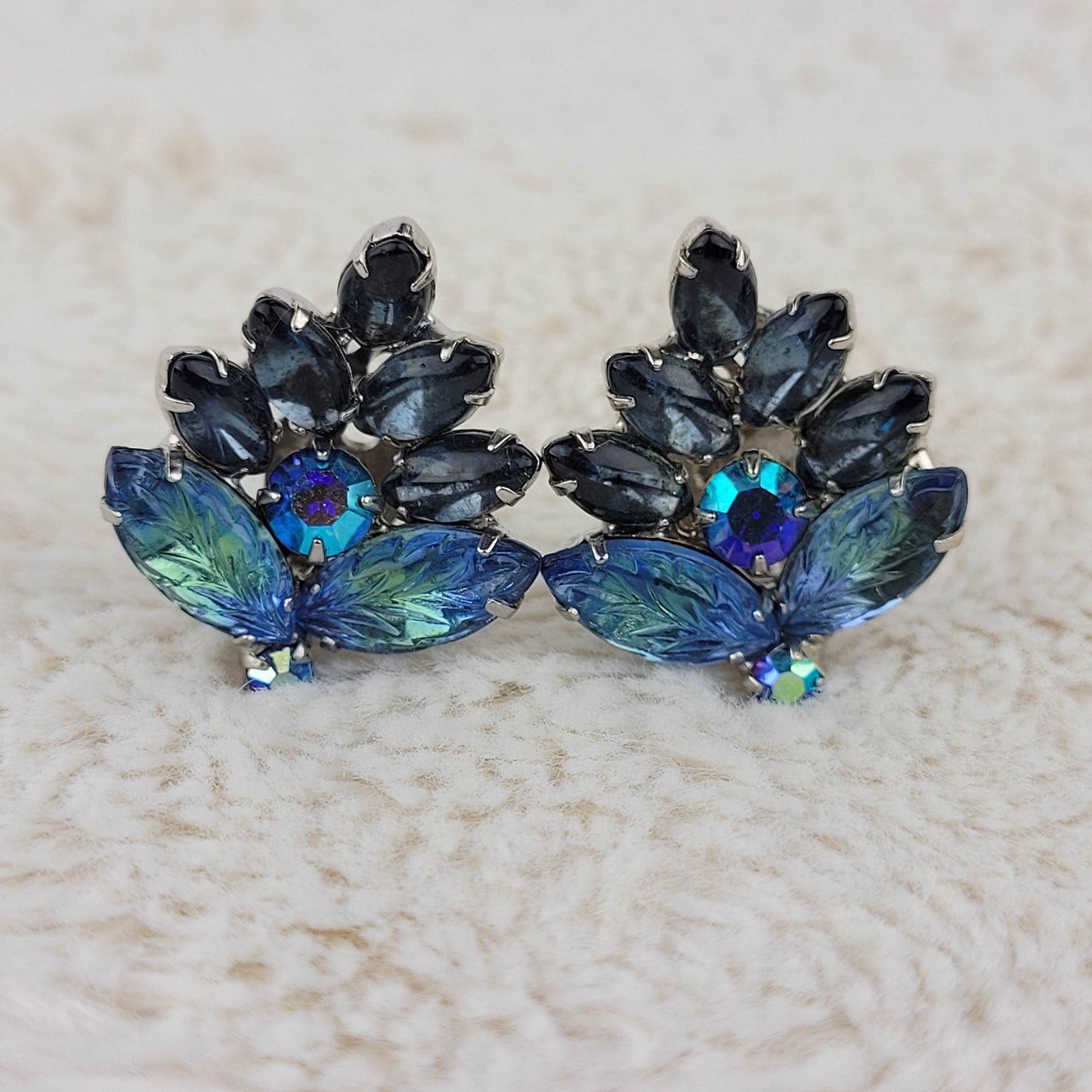 1950's Blue and Aurora Borealis Rhinestone Leaf Clip Earrings