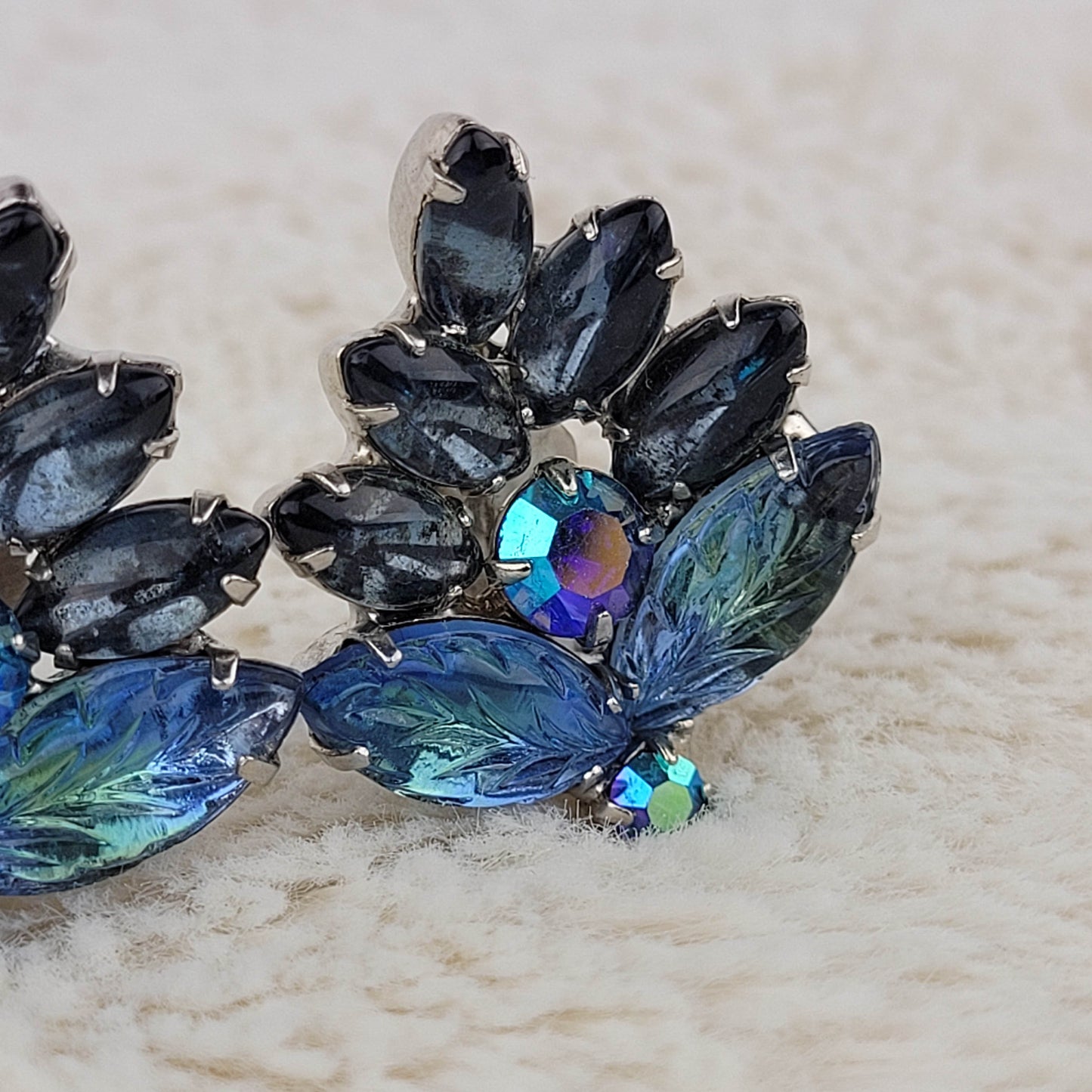 1950's Blue and Aurora Borealis Rhinestone Leaf Clip Earrings