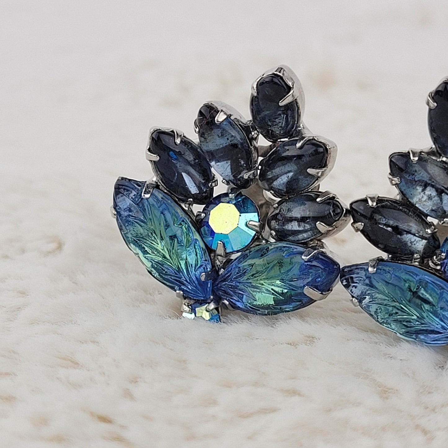 1950's Blue and Aurora Borealis Rhinestone Leaf Clip Earrings