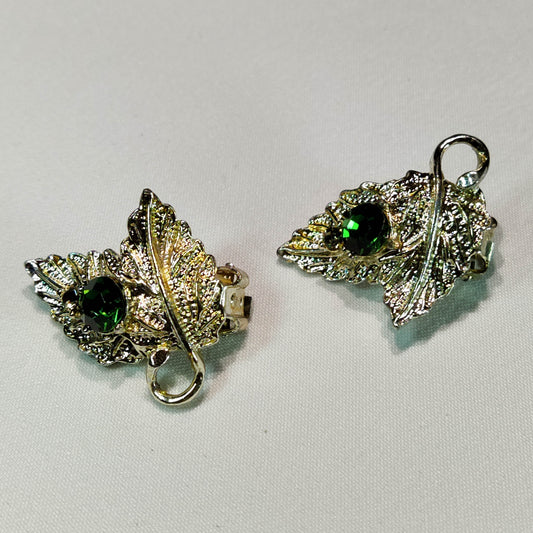 1960's Metal and Green Rhinestone Leaf Clip Earrings