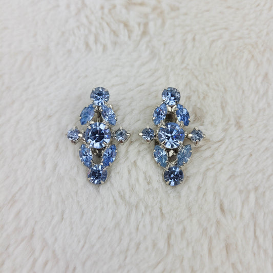 1950's Ice Blue Rhinestones Diamond Shaped Clip Earrings