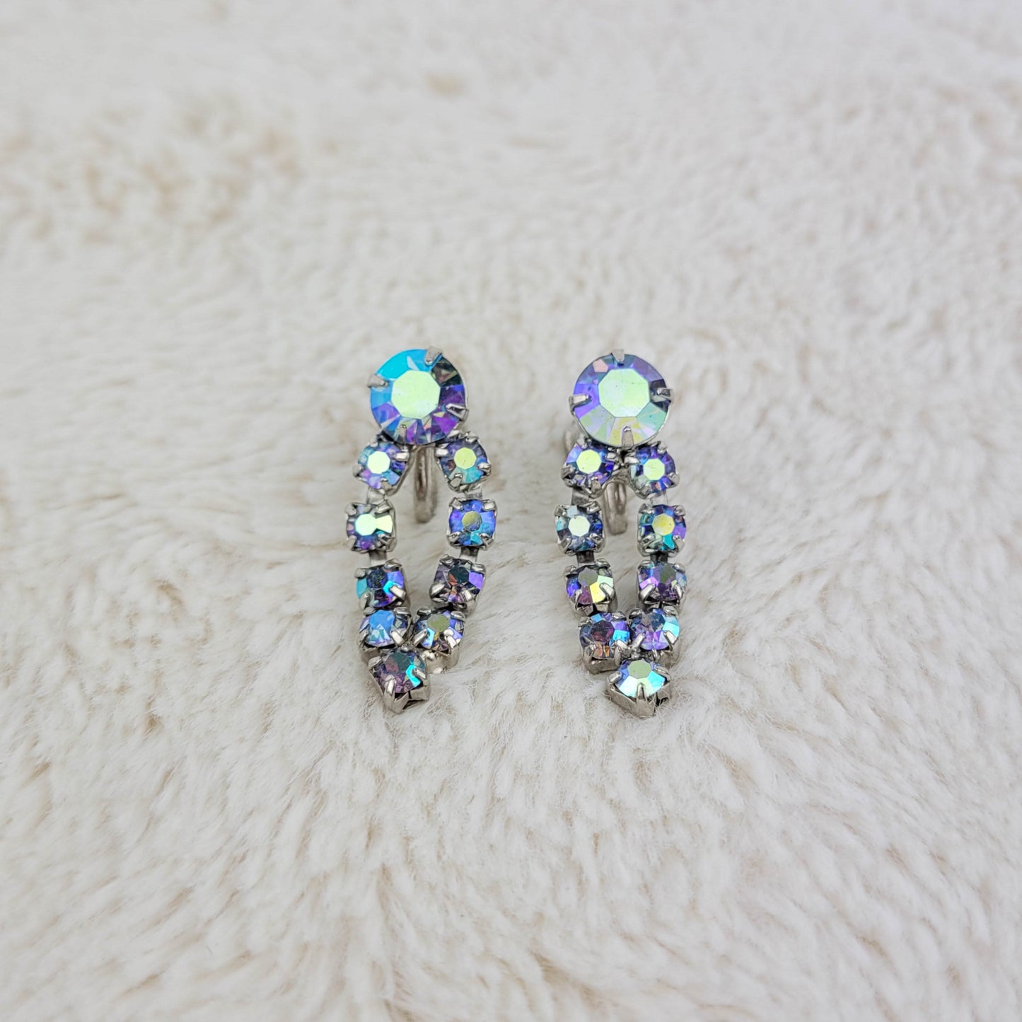 1950's Blue Aurora Borealis Rhinestone Loop Earrings