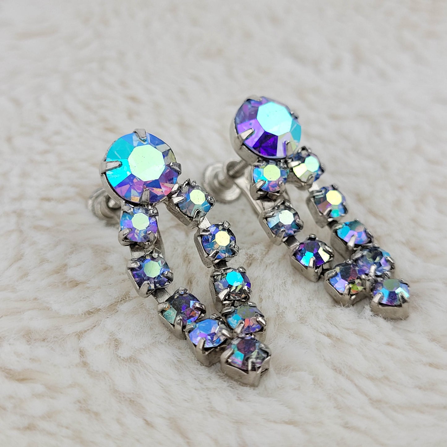 1950's Blue Aurora Borealis Rhinestone Loop Earrings