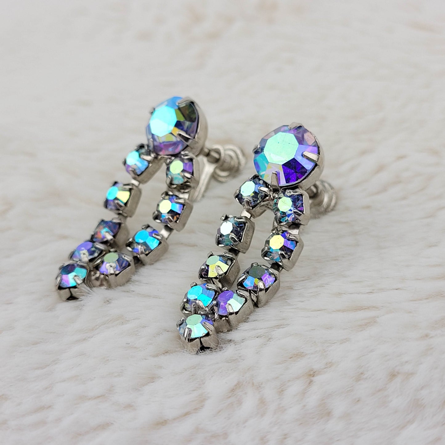 1950's Blue Aurora Borealis Rhinestone Loop Earrings