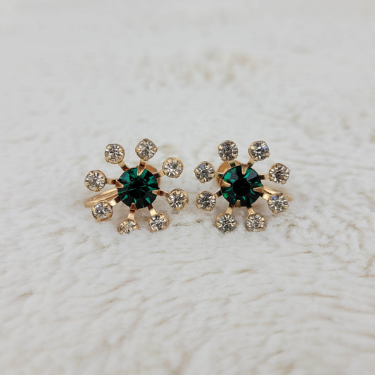 1950's Green and Clear Rhinestone Flower Earrings by BN