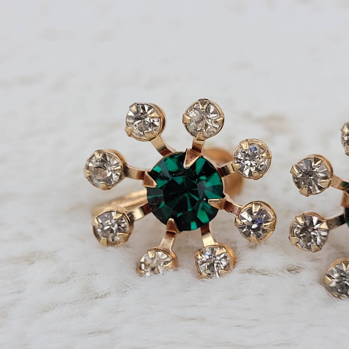 1950's Green and Clear Rhinestone Flower Earrings by BN