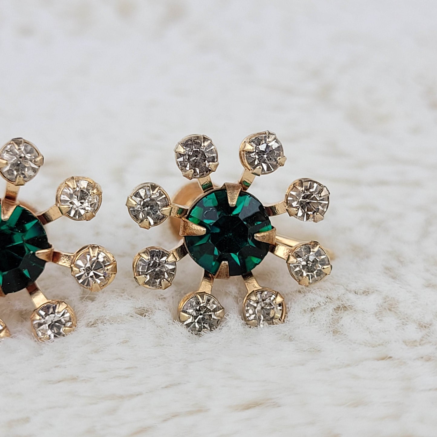 1950's Green and Clear Rhinestone Flower Earrings by BN