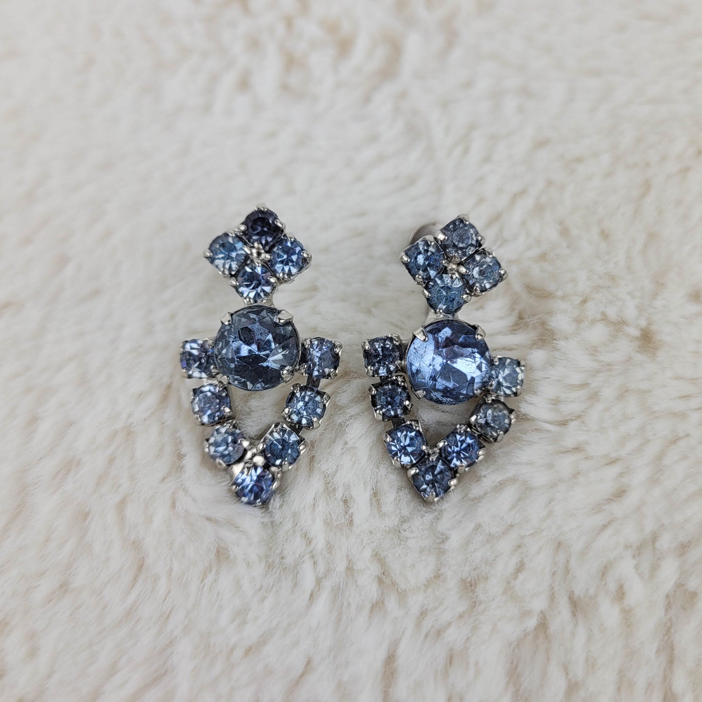 1940's Ice Blue Rhinestones Chevron Dangle Earrings