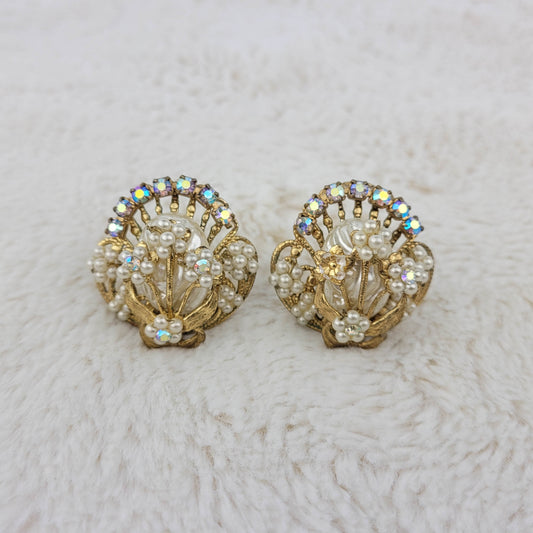 1950's Pearl Bead and Aurora Borealis Circular Earrings