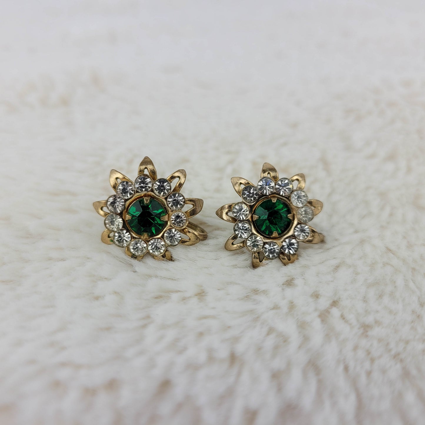 1940's Green and Clear Rhinestone Starburst Earrings