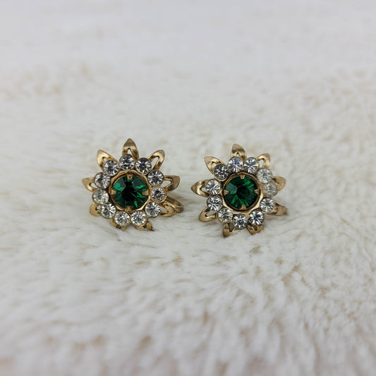 1940's Green and Clear Rhinestone Starburst Earrings