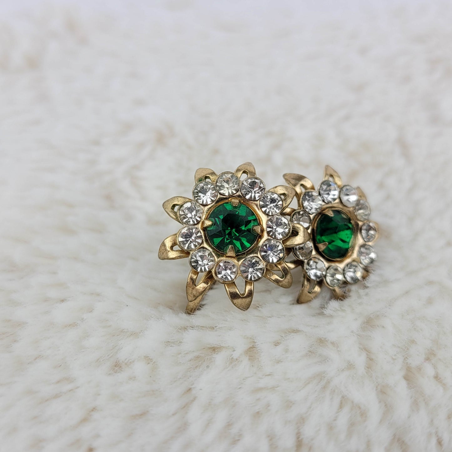 1940's Green and Clear Rhinestone Starburst Earrings