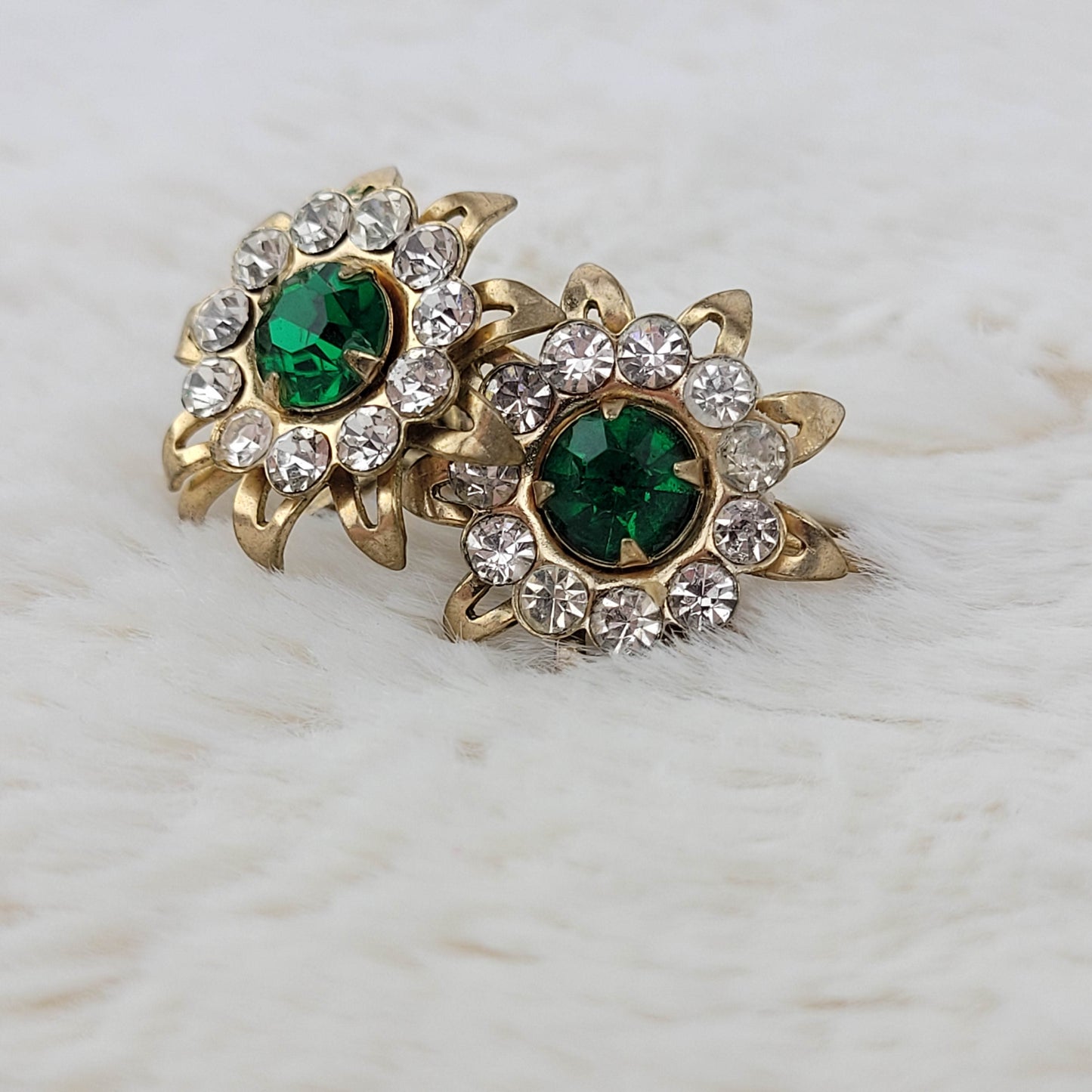 1940's Green and Clear Rhinestone Starburst Earrings