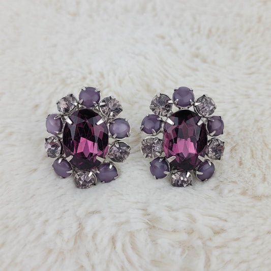 1950's Purple and Clear Rhinestone Circular Earrings with Purple Moonstone Beads