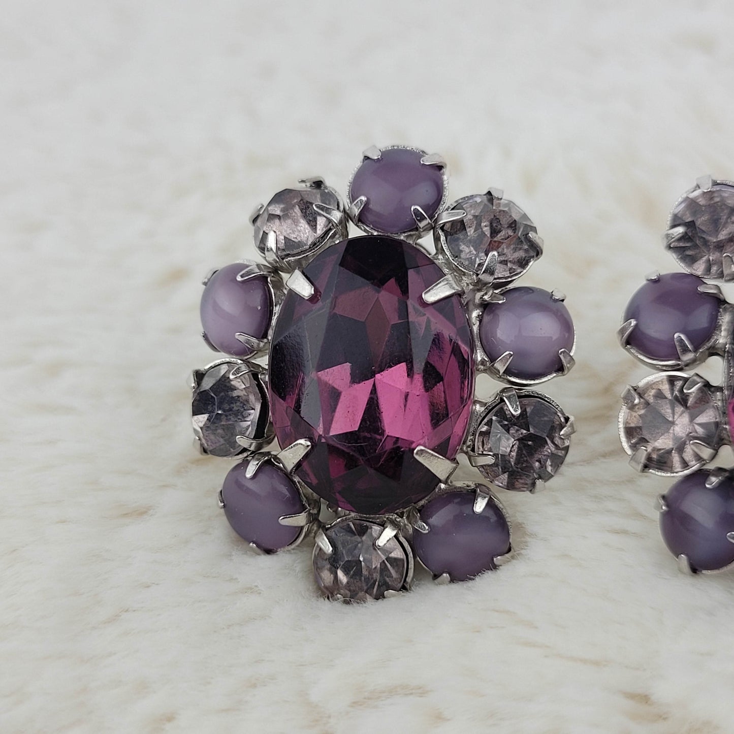 1950's Purple and Clear Rhinestone Circular Earrings with Purple Moonstone Beads