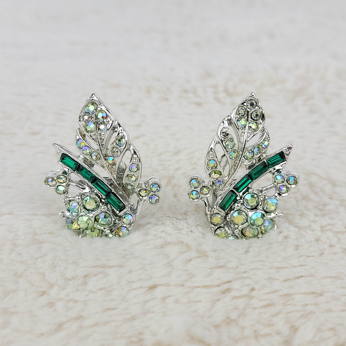 1950's Green Rhinestone and Aurora Borealis Cluster Leaf Clip Earrings