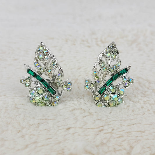 1950's Green Rhinestone and Aurora Borealis Cluster Leaf Clip Earrings