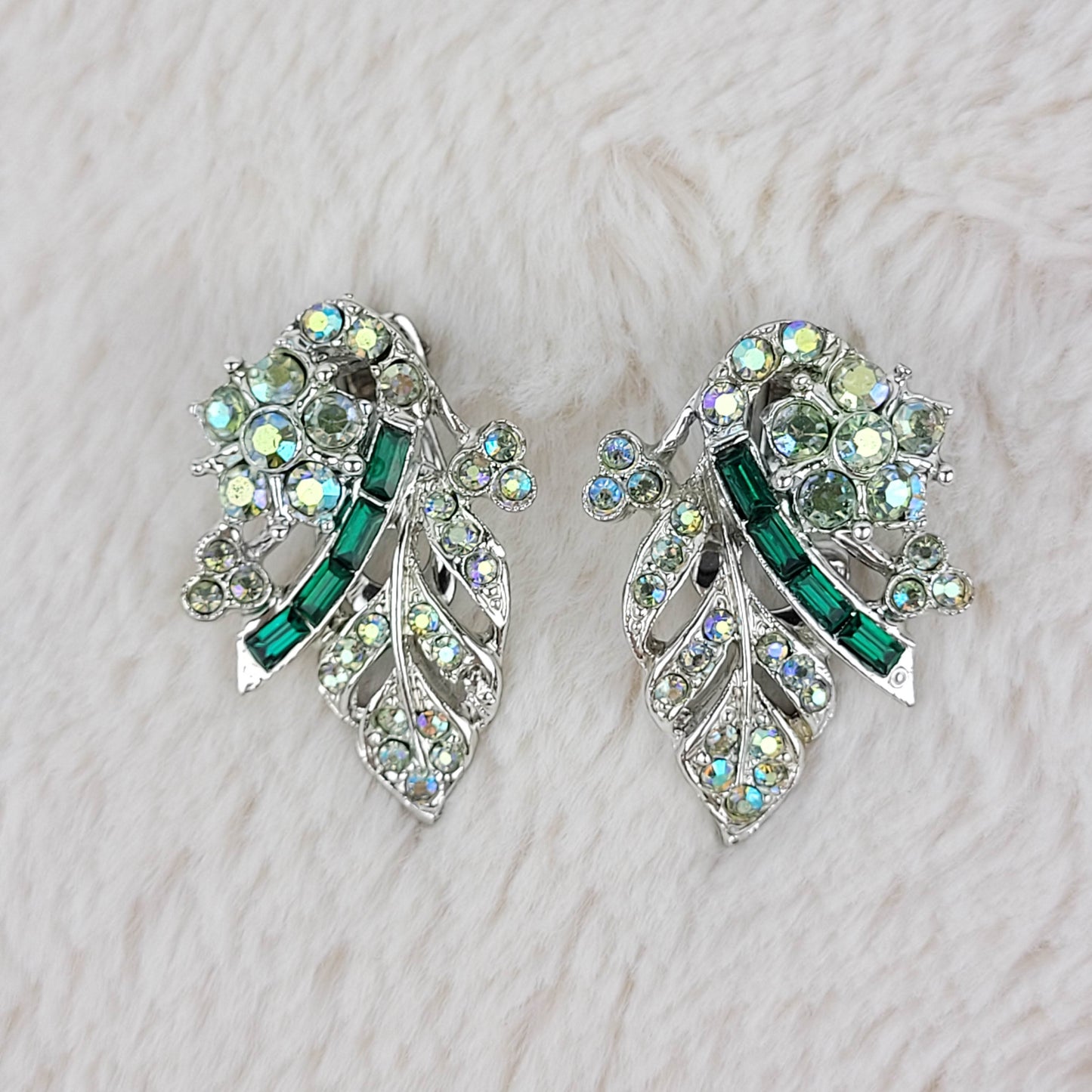 1950's Green Rhinestone and Aurora Borealis Cluster Leaf Clip Earrings