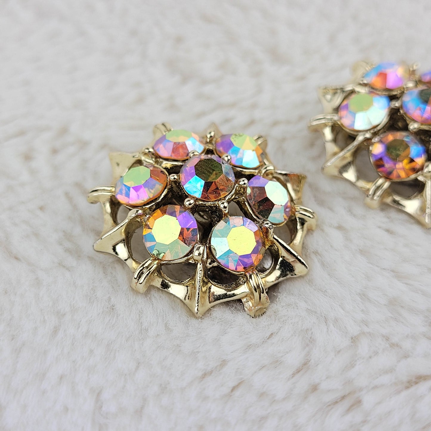 1950's Aurora Borealis Circular Clip Earrings