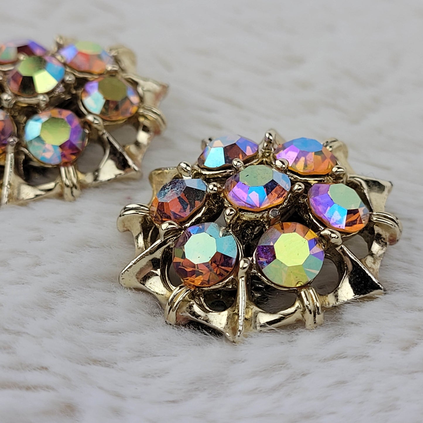 1950's Aurora Borealis Circular Clip Earrings