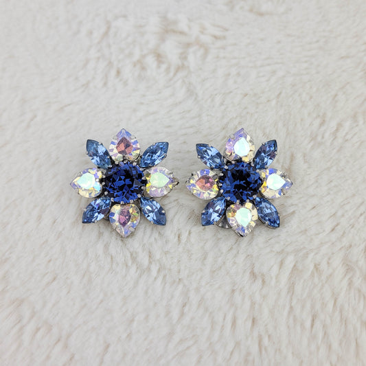 1950's Blue and Aurora Borealis Rhinestone Starburst Clip Earrings from Austria