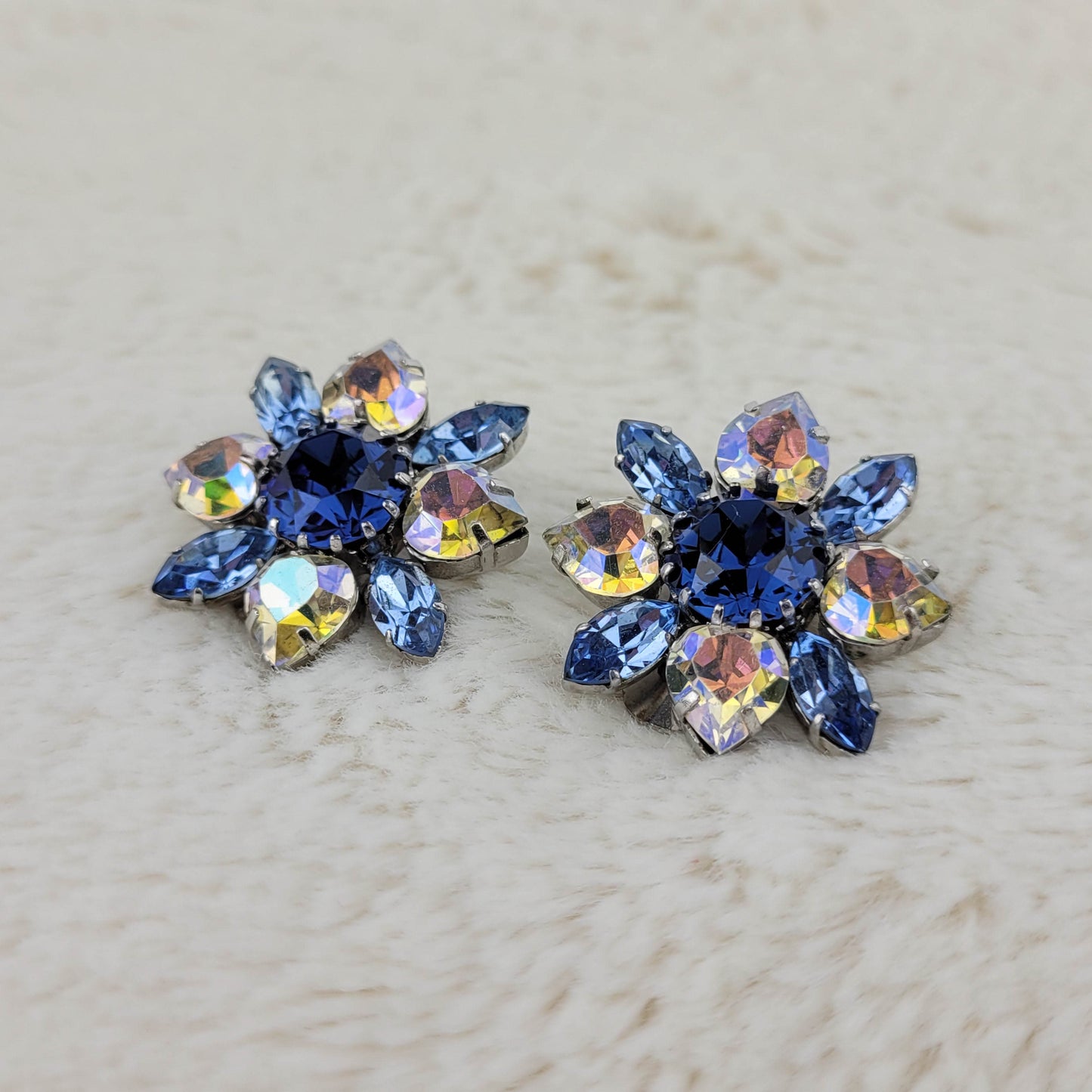 1950's Blue and Aurora Borealis Rhinestone Starburst Clip Earrings from Austria