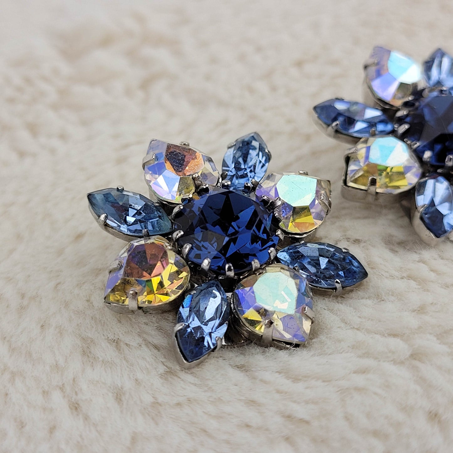 1950's Blue and Aurora Borealis Rhinestone Starburst Clip Earrings from Austria