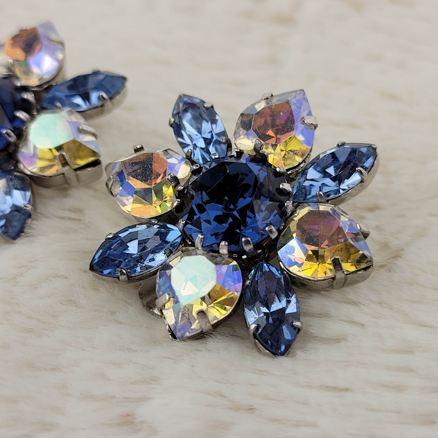 1950's Blue and Aurora Borealis Rhinestone Starburst Clip Earrings from Austria