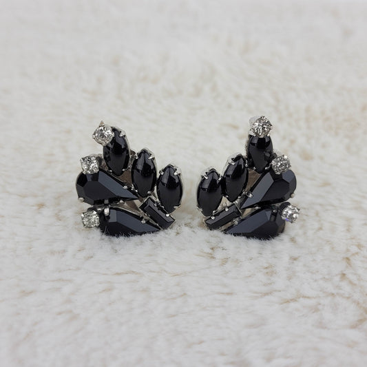 1950's Black and Clear Rhinestone Clip Earrings by Weiss