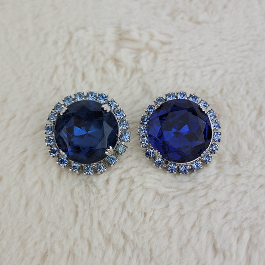 1950's Blue Rhinestone Circular Clip Earrings