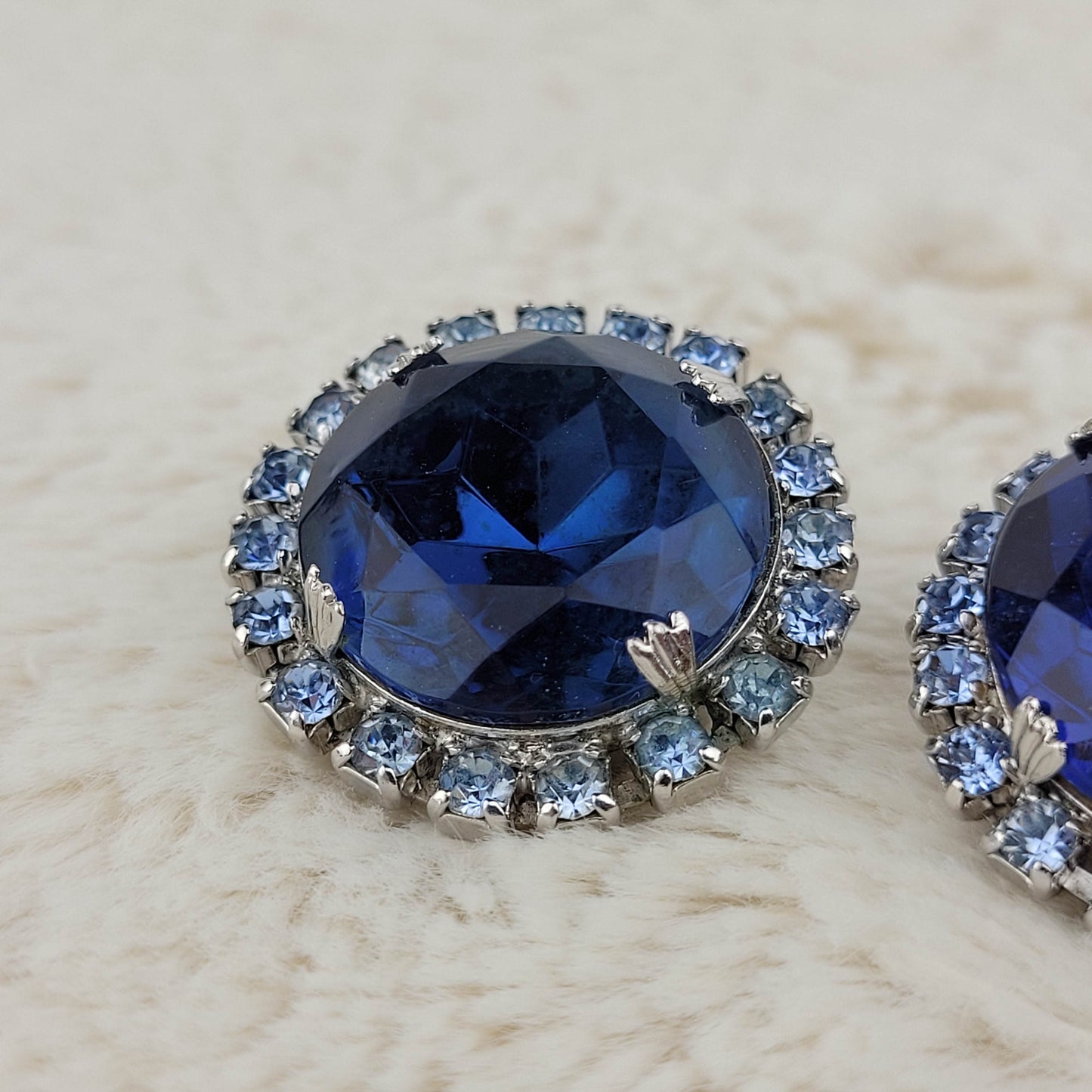 1950's Blue Rhinestone Circular Clip Earrings