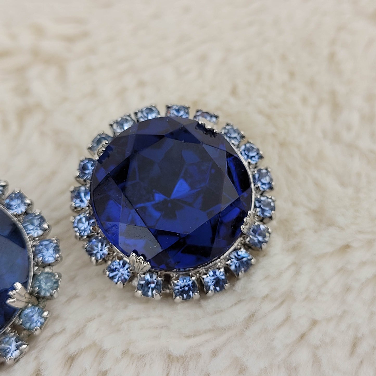 1950's Blue Rhinestone Circular Clip Earrings