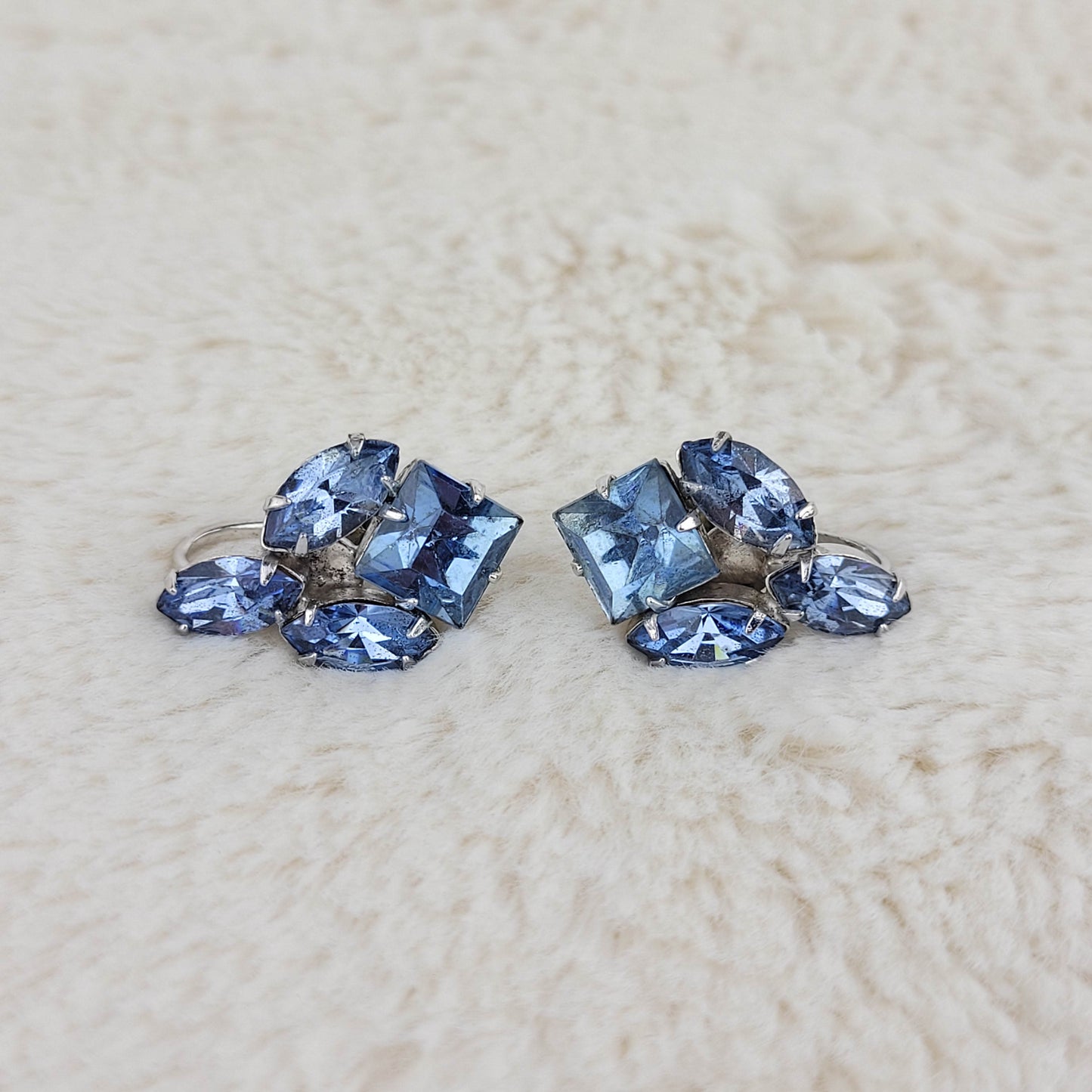 1960's Light Blue Rhinestone Cluster Earrings