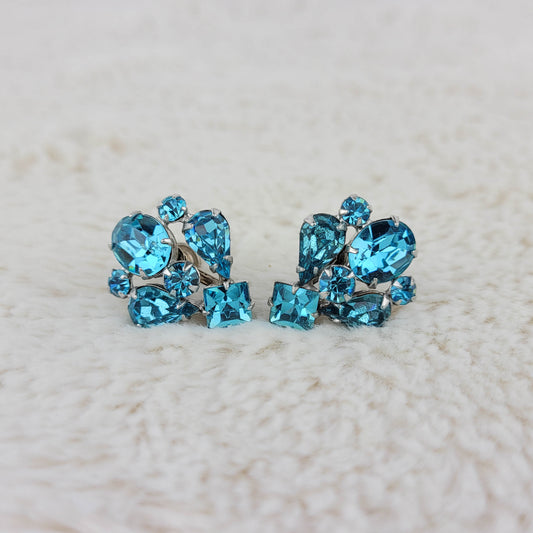 1960's Multi Size Light Blue Rhinestone Cluster Earrings