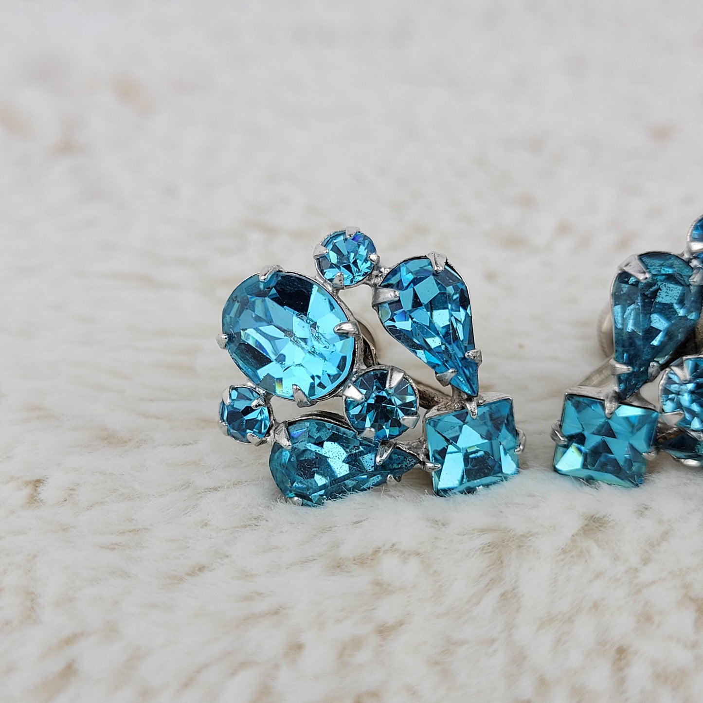 1960's Multi Size Light Blue Rhinestone Cluster Earrings