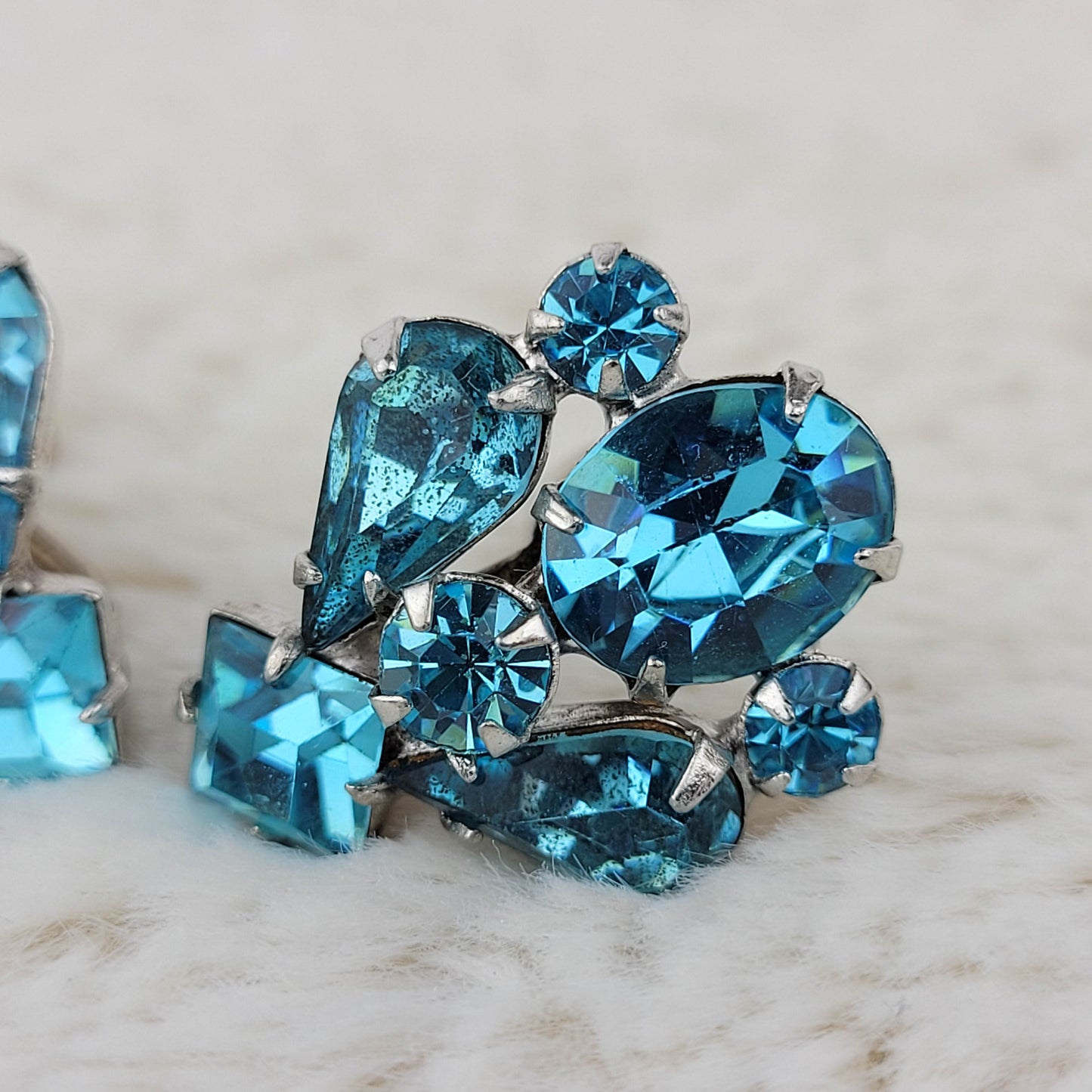 1960's Multi Size Light Blue Rhinestone Cluster Earrings