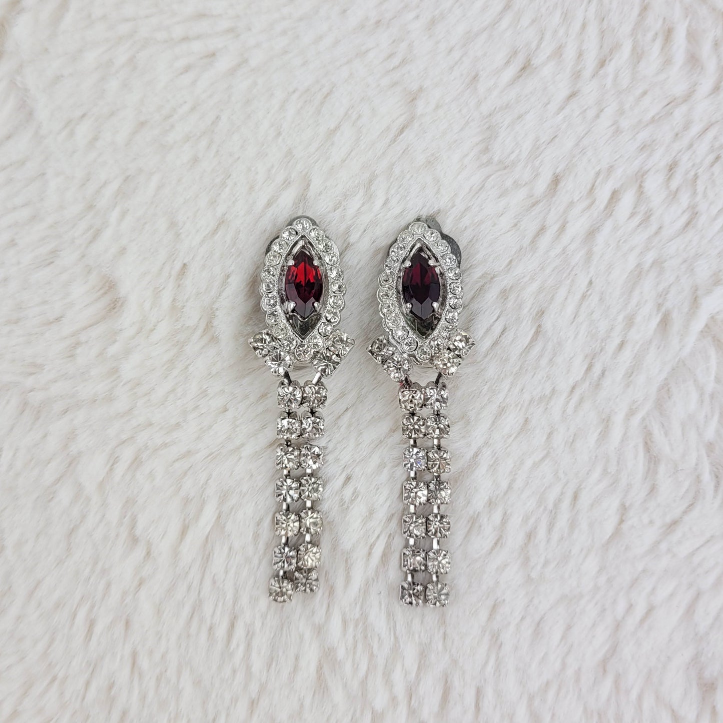 1950's Red and Clear Rhinestone Dangle Clip Earrings