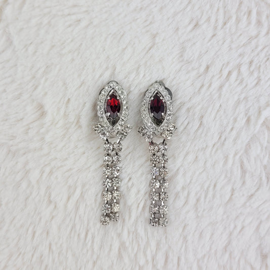 1950's Red and Clear Rhinestone Dangle Clip Earrings