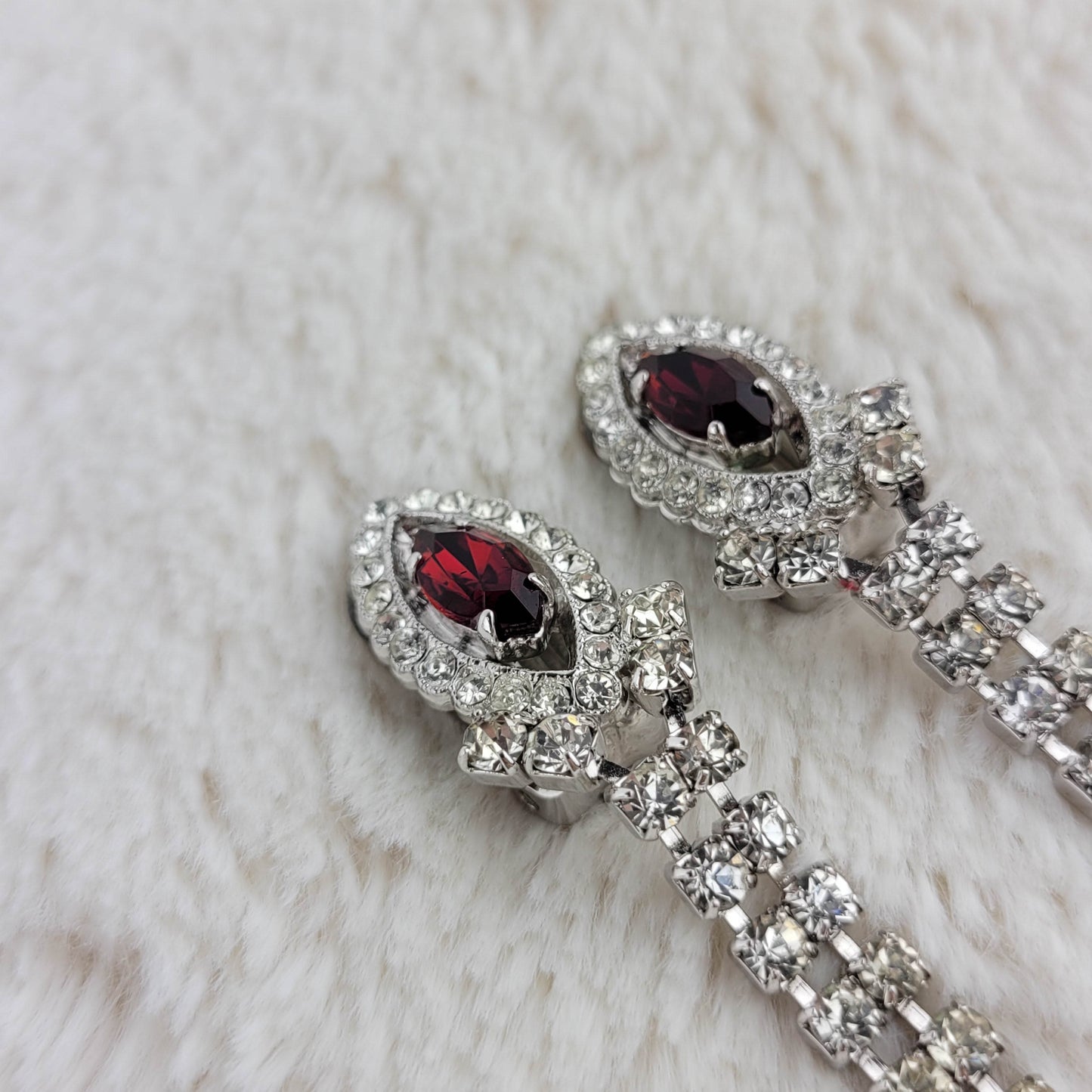 1950's Red and Clear Rhinestone Dangle Clip Earrings