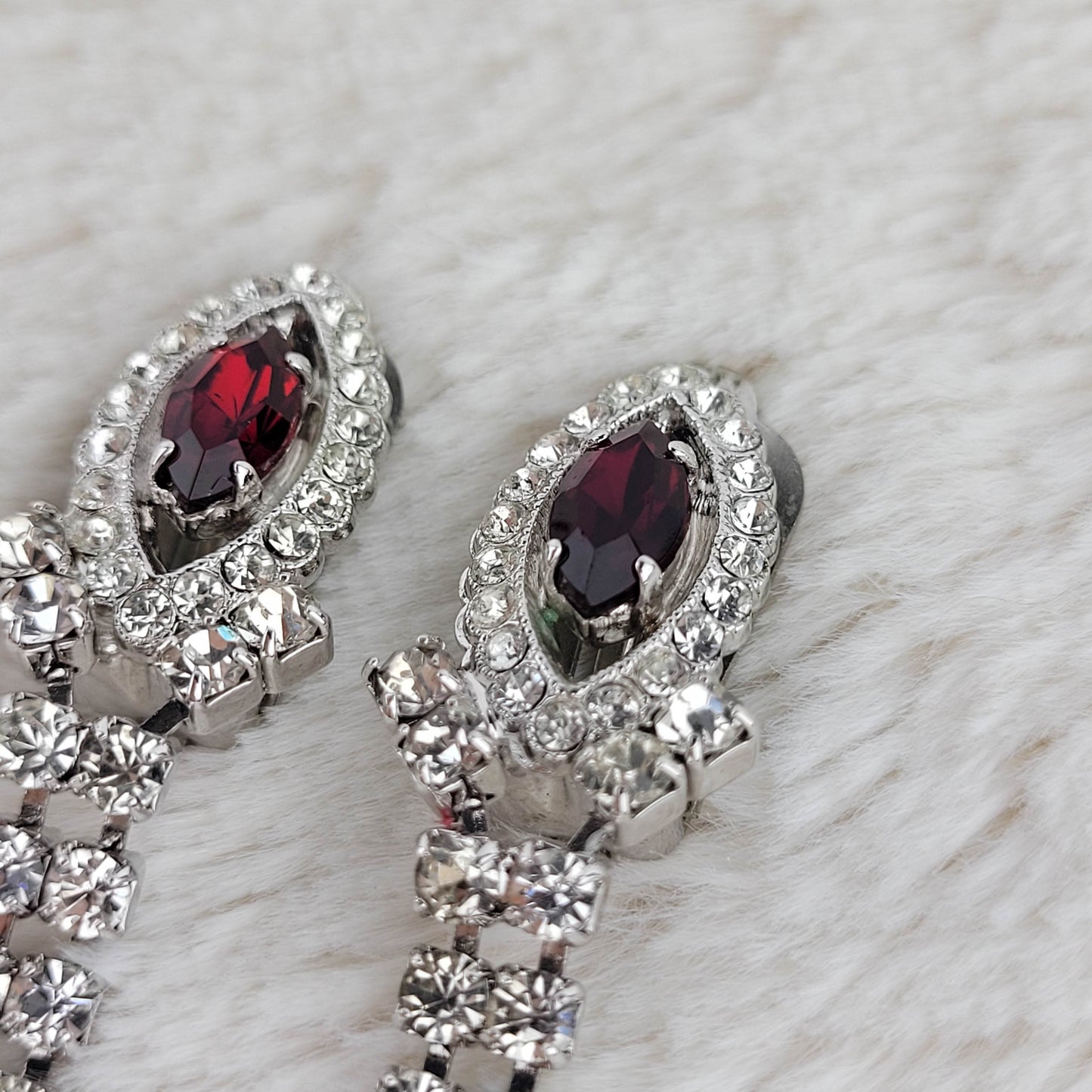 1950's Red and Clear Rhinestone Dangle Clip Earrings