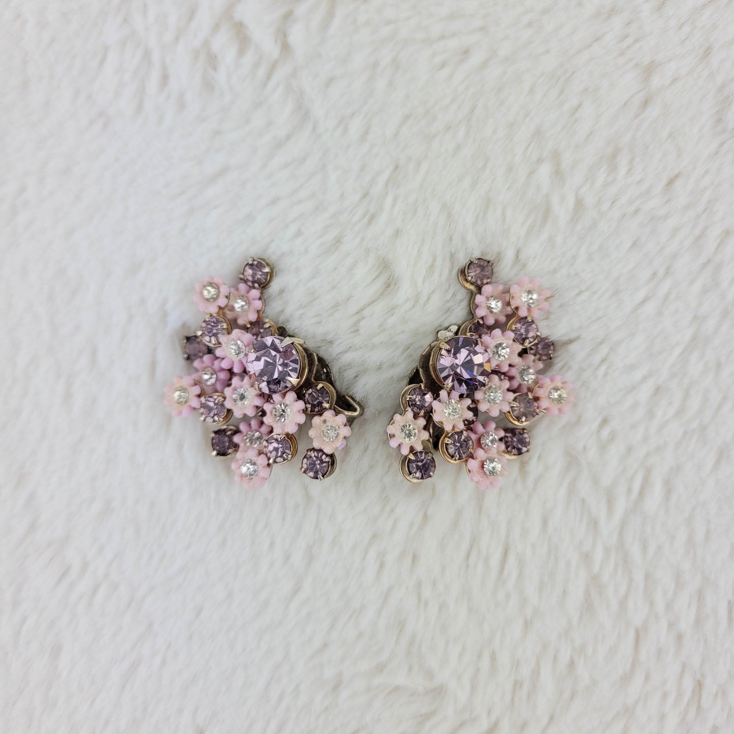 1950's Purple Rhinestone and Pink Flower Clip Earrings by LeRu